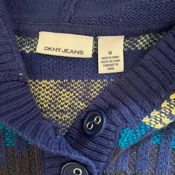 Vintage DKNY Y2K Knit Hoodie Sweater M Blue Yellow Chevron Retro 2000s Pullover - Picture 5 of 6